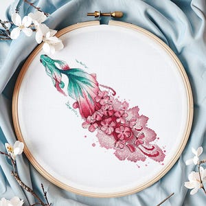 May include: A cross-stitch embroidery hoop with a floral design. The design features a pink and green flower with a watercolor effect.