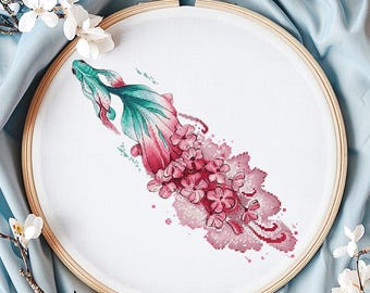 Schema punto croce pesci colorati ad acquerello - Decorazione fai da te per la casa, schema ricamo moderno, PDF digitale, Saga, Koi stravagante, fiore dell'oceano
