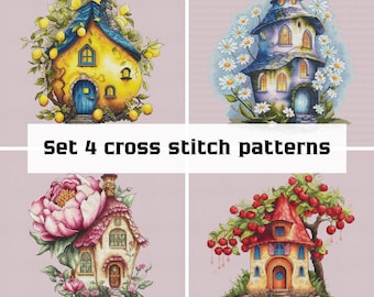 Set di schemi a punto croce con casette delle fate fantasiose - Tema floreale. 4 schemi a punto croce con casette delle fate con motivi floreali - Ricamo fai da te. PDF