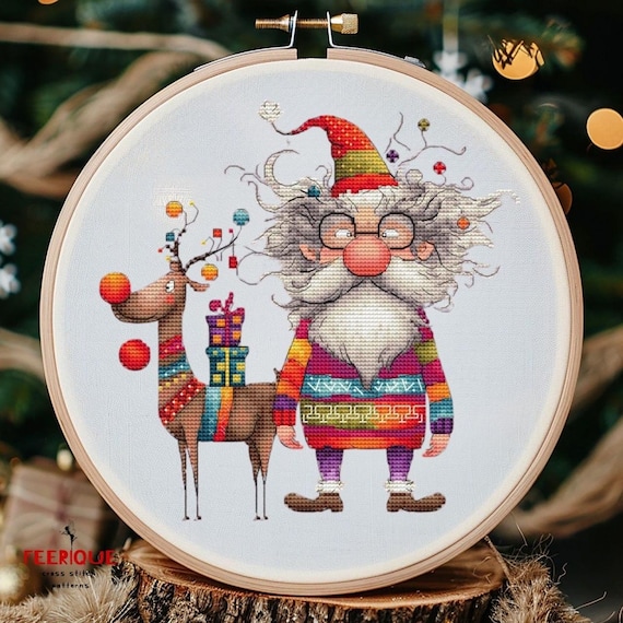 Festive Christmas Cross Stitch Pattern: Santa Claus and Reindeer Delight, digital Saga, PDF, funny grandfather frost, humorous reindeer