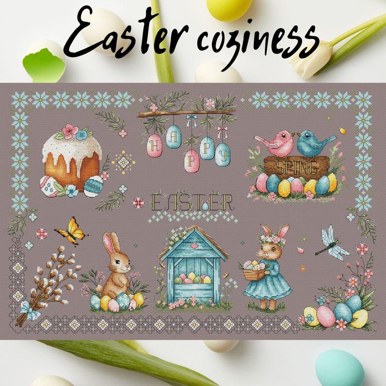 Easter Coziness Cross Stitch Pattern: Spring Holiday Sampler (PDF) - Etsy