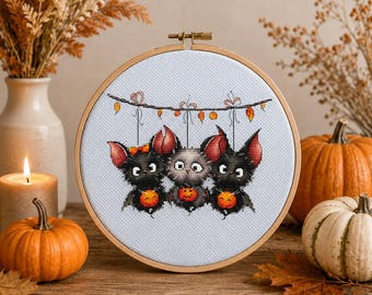 Halloween Bats Cross Stitch Pattern PDF, Cute Bat Embroidery, Pumpkin Spooky Decor, Autumn Gothic Cross Stitch