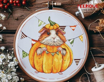 Patrón de punto de cruz de conejillo de indias "Guinea Boo" – Precioso bordado de calabaza de Halloween en PDF – Divertido diseño de conejillo de indias otoñal – Descarga instantánea