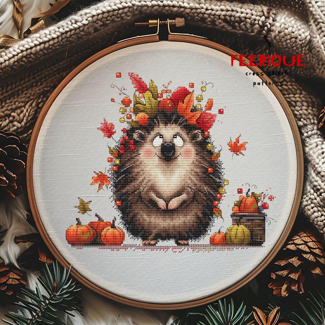 秋のハリネズミのクロスステッチ図案。かわいい秋のPDF刺繍。デジタル