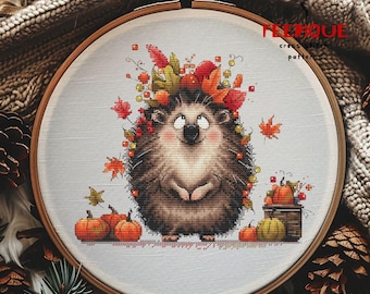 Autumn Hedgehog Cross Stitch Pattern. Cute Fall PDF Embroidery. Digital PDF. Saga. Funny Hedgehog in Autumn. Needlepoint chart