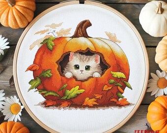 Dziwaczny wzór na robótkę ręczną z dyniowym kotem, cyfrowa Saga PDF, wzór do haftu krzyżykowego, nowoczesny design, słodki kotek z dynią, Halloween, jesień DIY