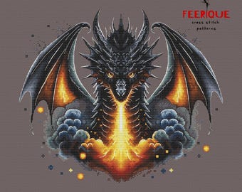Dragon Cross Stitch Pattern “Guardian of the Flame” – Fantasy Fire Embroidery PDF – Epic Mythical Design – DIY Needlework Download