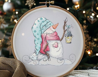 Christmas cross stitch: Adorable Snowman with Flashlight. Digital PDF. DIY cute snowman embroidery winter design. Charming Winter Nights