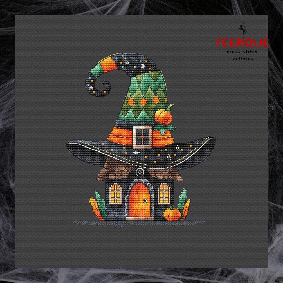 Witch Hat House Cross Stitch Pattern: Spooky Halloween Embroidery ...