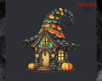Maison d'automne effrayante au point de croix. Broderie d'automne magique. Grille de point de croix maison chapeau de sorcière. Chalet d'Halloween. Saga numérique fantastique en pdf