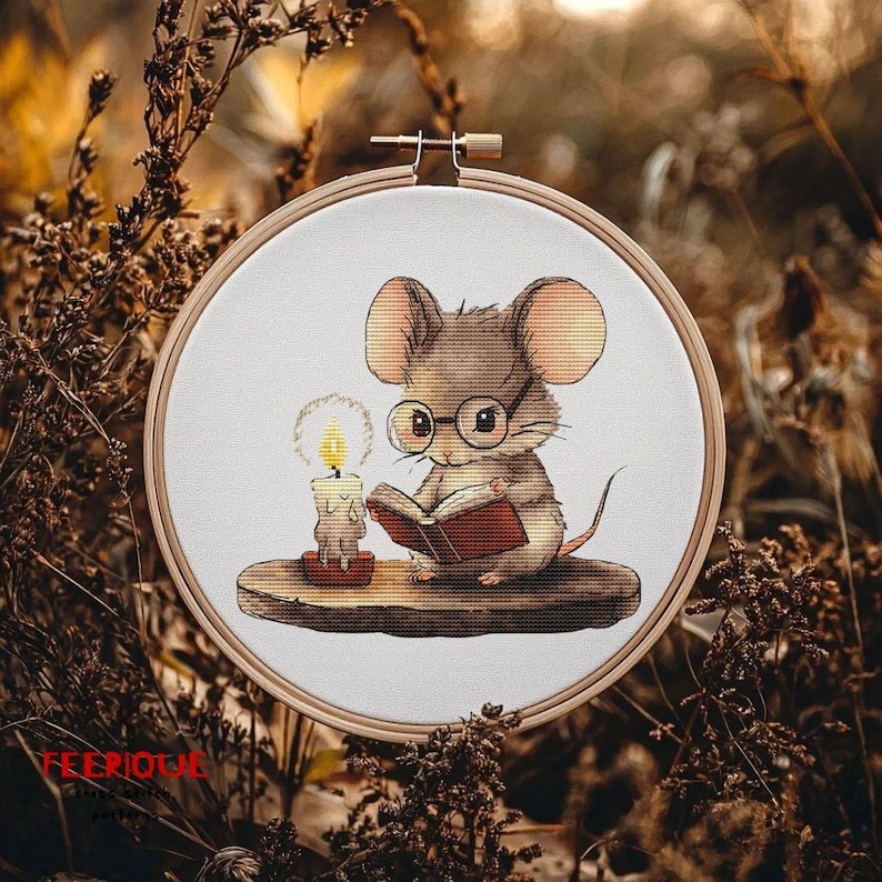 May include: A brown mouse wearing glasses sits on a wooden surface and reads a book by candlelight. The mouse is surrounded by a white background.