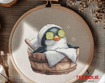 Patrón de punto de cruz de pingüino de spa: bordado relajante en la bañera (gráfico digital en PDF)