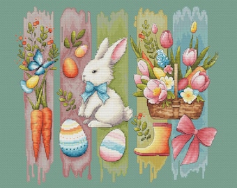 Easter Bunny Cross Stitch Pattern: Spring Flowers, Eggs (PDF)