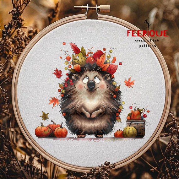 圧巻！160センチのクロスステッチ作品 秋のハリネズミのクロスステッチ図案。かわいい秋のPDF刺繍。デジタル