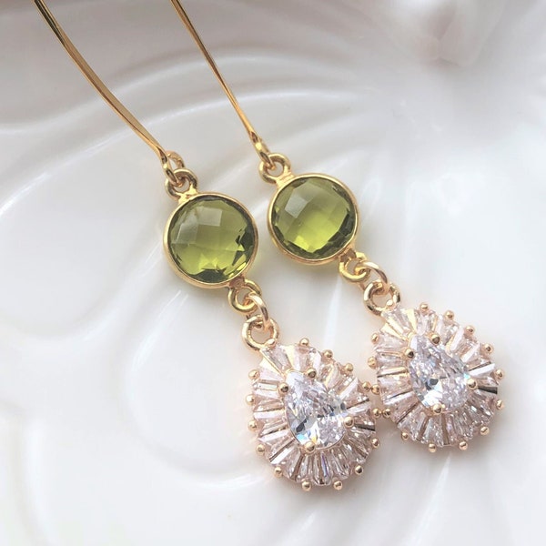 Green Bridesmaids Earrings, Long Olive Green Bridal Jewelry, Sparkling Olive Bridesmaids Earrings, Something Blue Green