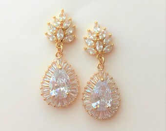 Gold CZ Drop Earrings, Gold Bridesmaids Earrings, CZ Stud and Drop Bridesmaid Earrings, Bridesmaid Jewelry Gift