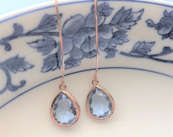 Rose Gold Light Blue Earrings, Long Wire earrings, Rose Gold Bridesmaids Earrings, Bridesmaids Gifts, Also Gold and Silver More Colors