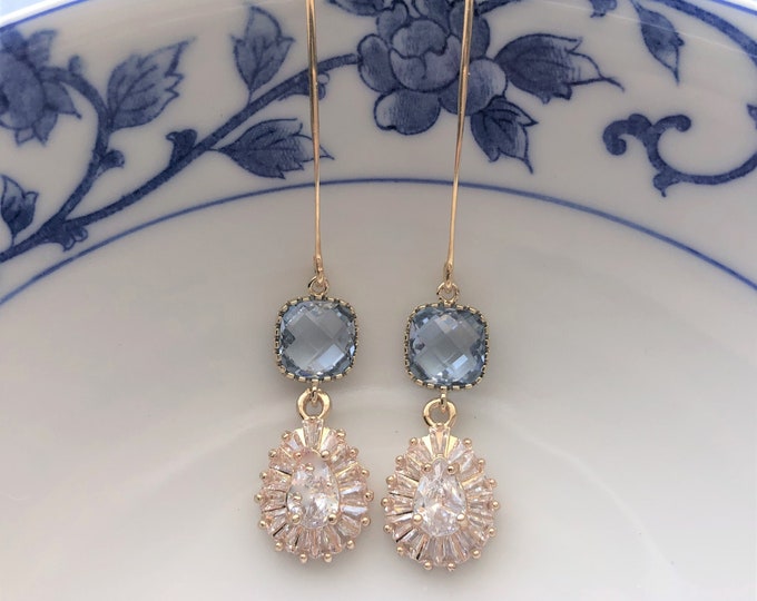 Gold Long CZ Drop Earrings, Light Blue Wedding Jewelry
