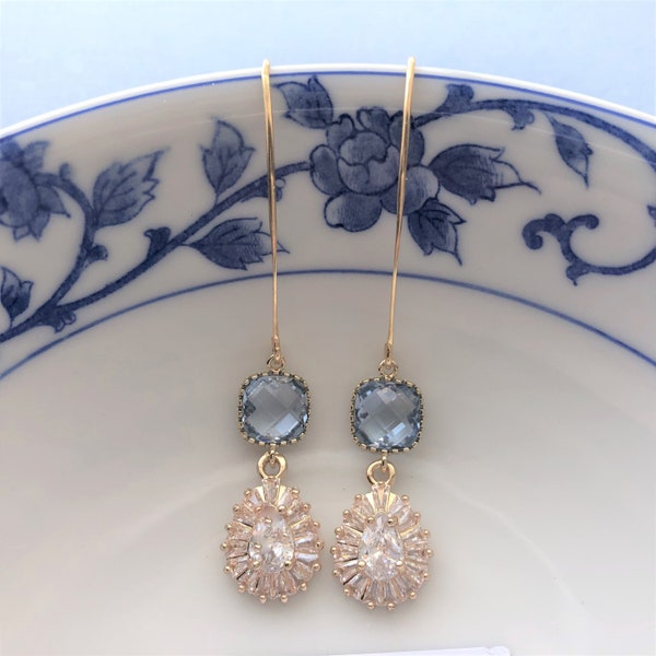 Gold Blue Bridesmaids Earrings, Long Light Blue Wedding Jewelry, Sparkling Light Blue Bridesmaids Earrings, Something Blue