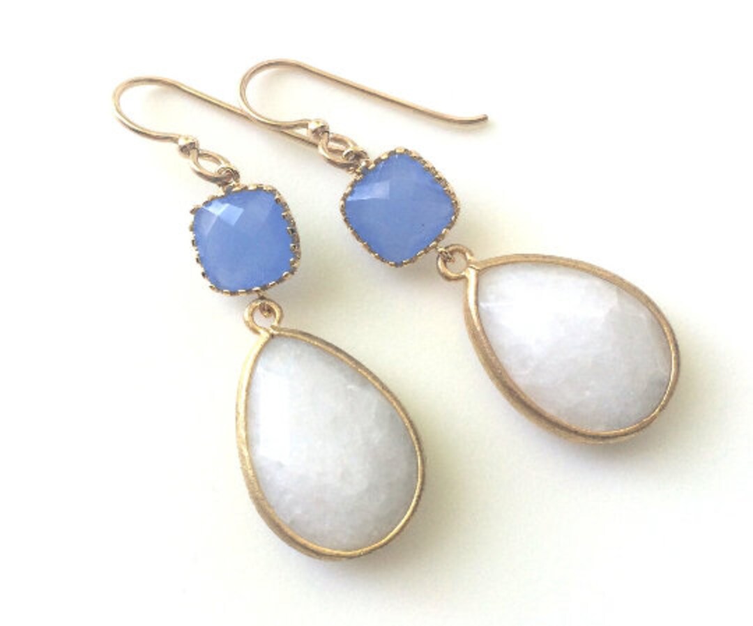 White Jade Gold Earrings, Bridesmaids Blue White Earrings, Bridesmaid ...