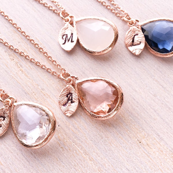 Rose Gold Initial Necklace, Crystal Birthstone, Bridesmaid Gift