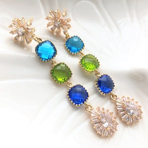 Special Occasion Earrings, Cool Colors Blue and Green Crystal Long Earrings, Bridesmaids Multi Colored Earrings, Flowers