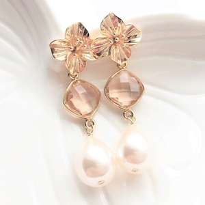 Flower Earrings, Blush Floral Special Occasion Earrings, Blush Pearls, Peach Blush Bridesmaids Gifts, Prom, Other Colors