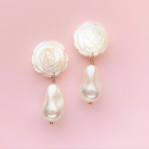 Mother of Pearl Flower and Pearl Drop Earrings, Bridesmaids Flower earring Gift