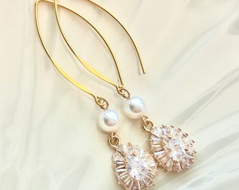 Gold Pearl Bridesmaids Earrings, Long Pearl and CZ Wedding Jewelry, Sparkling Pearl Bridal Earrings,