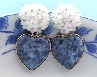 Blue Stone Heart Earrings, Multi White Flower and Blue Earrings, Bridesmaid Blue Earrings, Blue and White Earrings