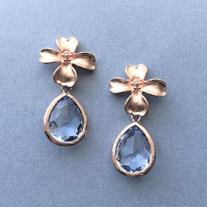 Rose Gold Flower Earrings, Rose Gold Blue Wedding Jewelry, Light Blue Bridesmaids Earrings Gifts, Also Gold and Silver and Clip on available