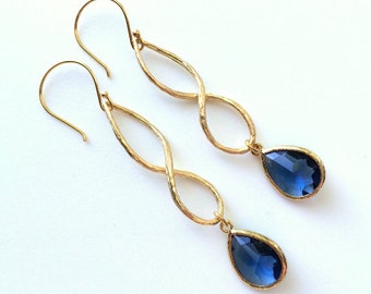 Long Navy Gold Earrings, Dark Blue earrings, Bridesmaids Long Earrings, Bridesmaid Gifts, You Choose Crystal Color