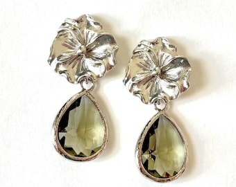 Olive Silver Flower Earrings, Olive Green Bridesmaids Bridal Gifts, Gold or Silver Flowers, More Colors Available
