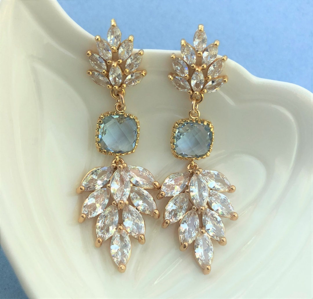 Crystal and Blue Earrings, Gold Bridal Crystal Earrings, Something Blue ...
