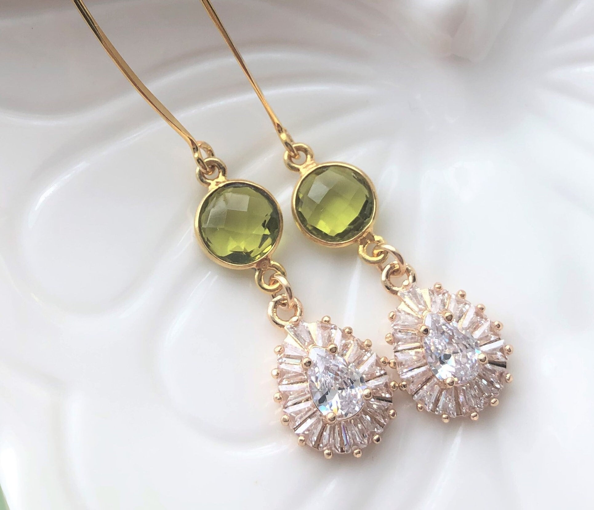 Green Bridesmaids Earrings, Long Olive Green Bridal Jewelry, Sparkling Olive Bridesmaids Earrings, Something Blue Green