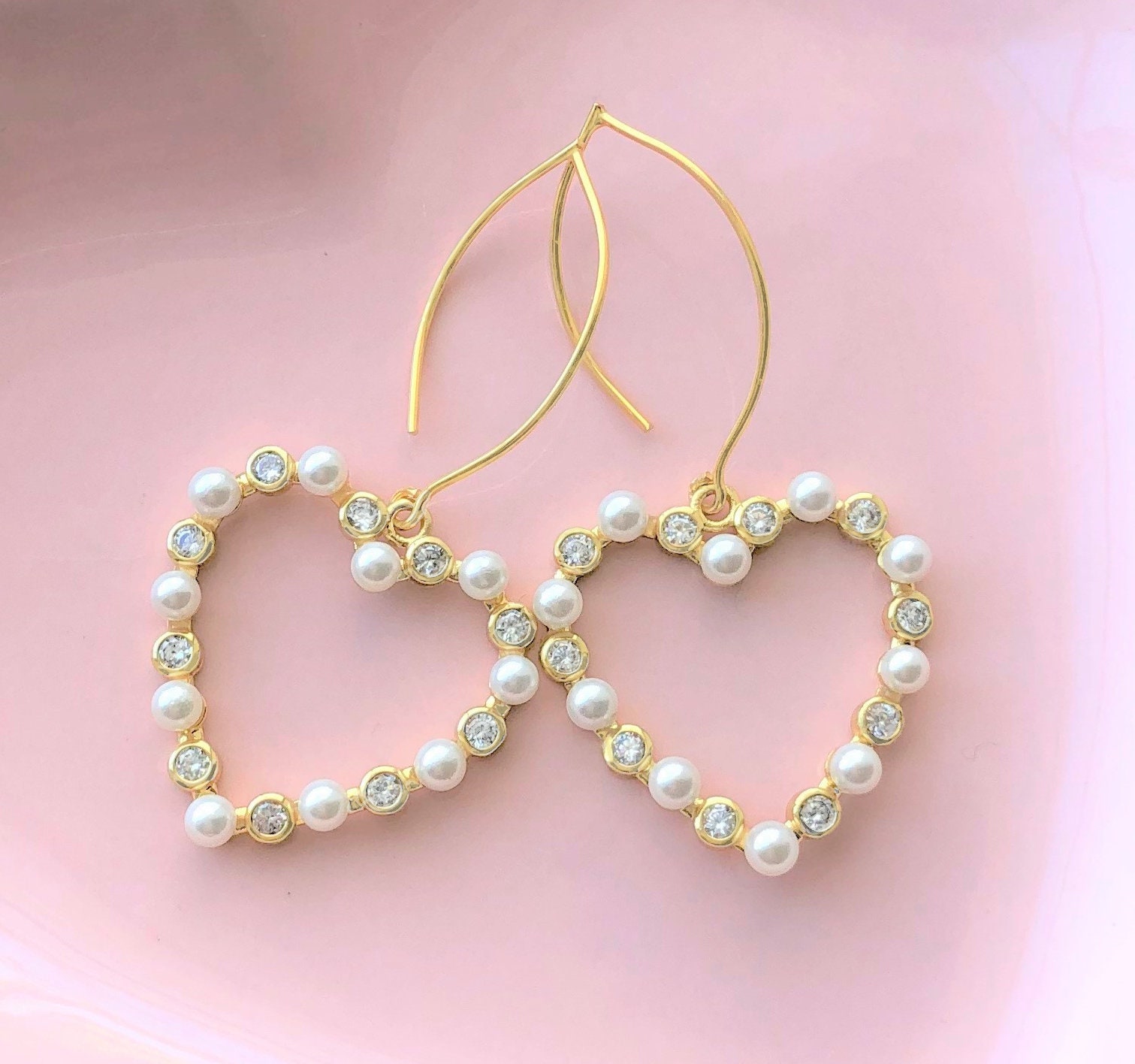 Pearl Heart Earrings Gold Pearl CZ Earrings Bridesmaids - Etsy UK