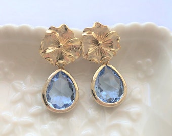 Gold Flower Earrings, Something Blue Wedding Jewelry, Light Blue Bridesmaids Earrings Gifts, Blue Floral, Silver and More Colors Available