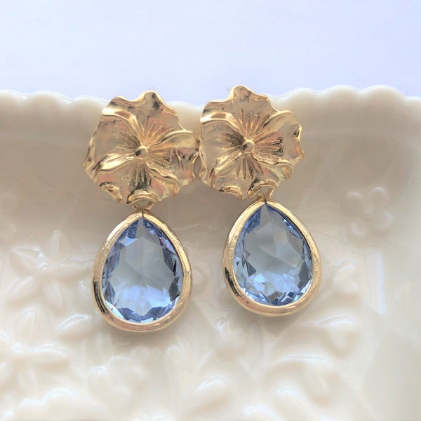 Gold Flower Earrings, Something Blue Wedding Jewelry, Light Blue Bridesmaids Earrings Gifts, Blue Floral, Silver and More Colors Available