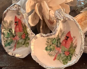 Christmas Cardinal and Holly, chinoiserie decorated oyster shell ornament, trinket tray, ring dish, wedding favor, hostess gift