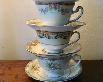 Mismatched China Tea Cups perfect for Garden Party / Tea Party / Holiday Table or Bridal Luncheon / 5002