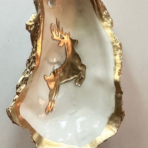 Golden Reindeer, chinoiserie decorated oyster shell ornament, trinket tray, ring dish, wedding favor, hostess gift