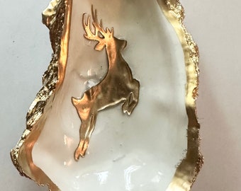 Golden Reindeer, chinoiserie decorated oyster shell ornament, trinket tray, ring dish, wedding favor, hostess gift