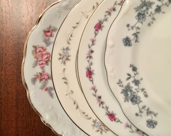 Vintage Mismatched China Dessert Wedding Plates / Set of 4 / Cottage Chic / Bridal Shower Luncheon / Holiday Table / Garden Party / 3035
