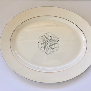 Large Homer Laughlin Oval Platter 1950s Vintage eggshell cavalier Celeste, Aqua Bead Flowers and Platinum Trim,