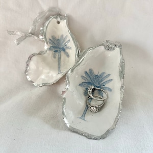 Chinoiserie decorated Oyster Shell with Palm Tree, Ring Dish, Trinket Bowl, Table Accessory perfect for wedding favor or as a hostess gift