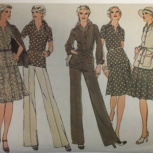 May include: A sewing pattern for a dress and pants with a polka dot print. The pattern is for size 12, bust 34 inches. The pattern includes four different styles of clothing.