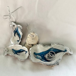 Wally the Whale, chinoiserie decorated oyster shell ornament, trinket tray, ring dish, wedding favor, hostess gift