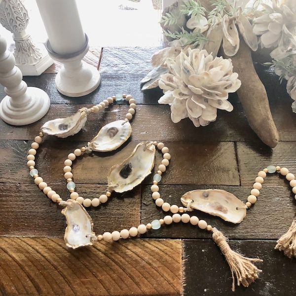 Oyster shell garland, wood beads, tassel, gilded shell garland, coastal decor, beach decor, table decor, shell garland, sea shell garland