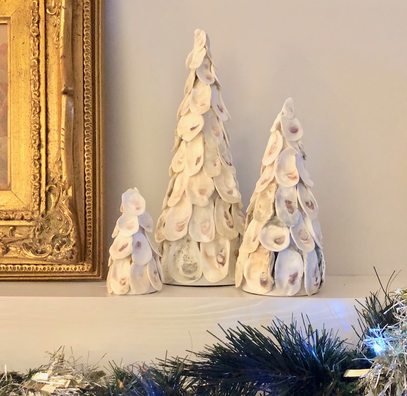 Coastal Christmas Oyster Shell Christmas Trees Individual or Set of Three image 1