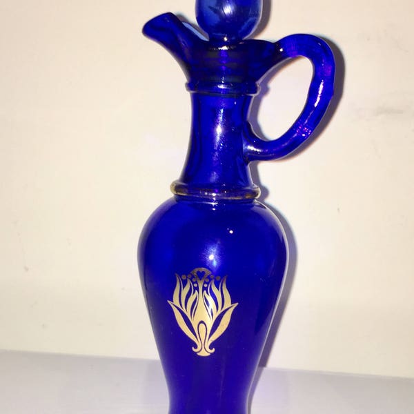 Vintage 1970s Skin So Soft Cobalt Blue and Gold AVON Bottle With Stopper Bedroom Decor Bathroom Retro